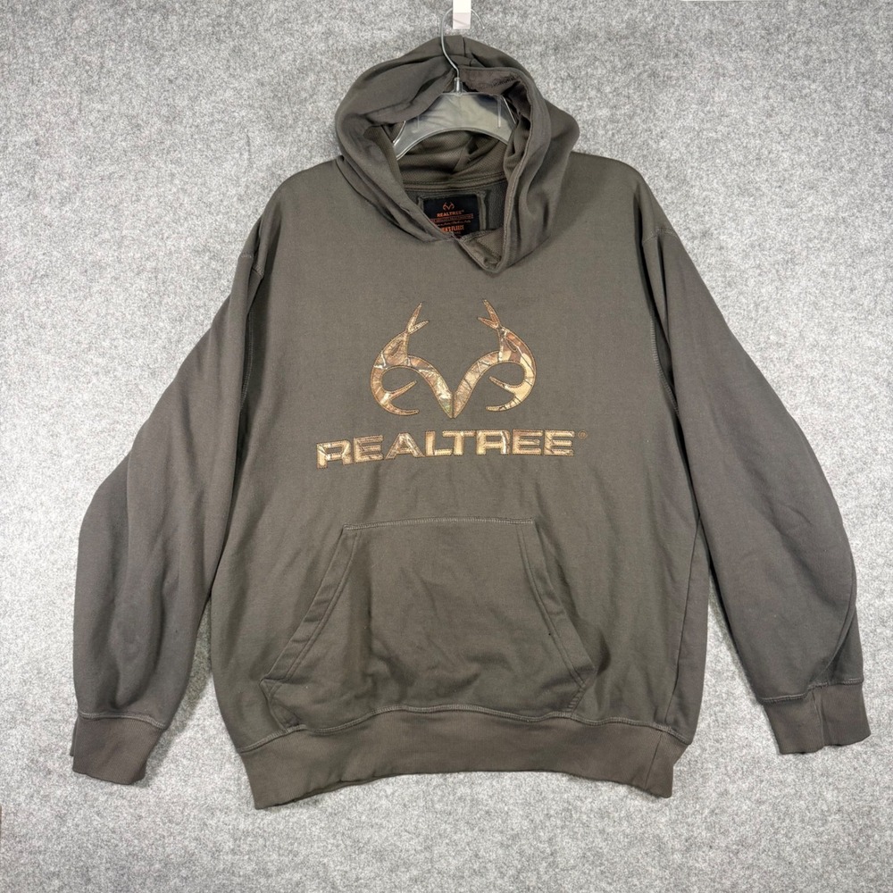 Realtree Fleece Hoodie Mens Large Gray Camo Logo Graphic Pullover Sweatshirt